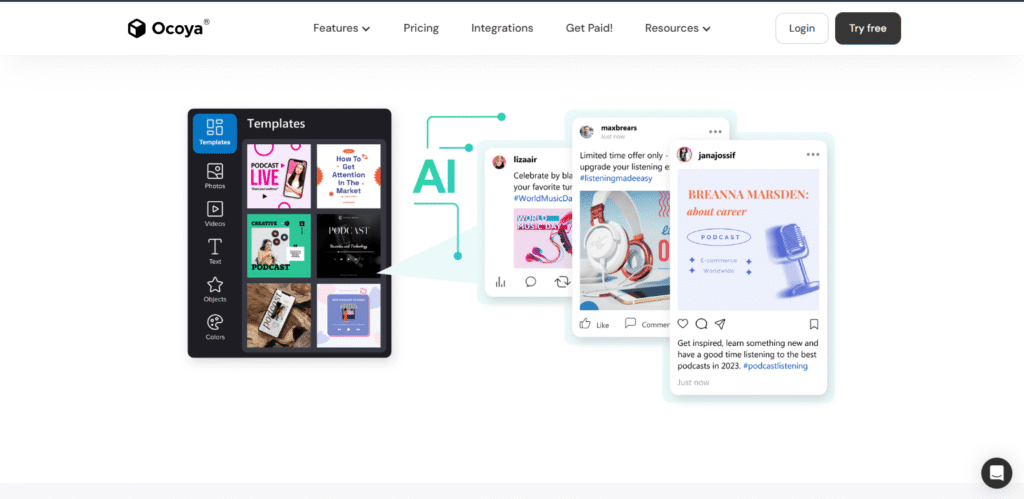 visual editor showing templates and editing tools